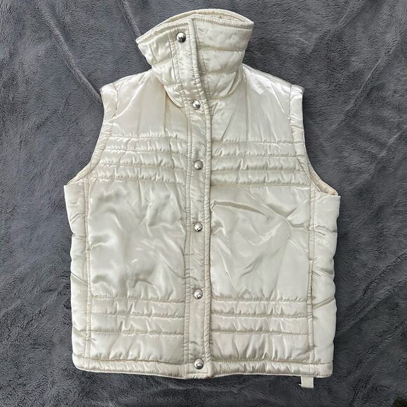 Vintage 80s BECONTA Womens Puffer Vest Cream Satin Outdoor Retro Snap Close | 10 - Picture 3 of 13